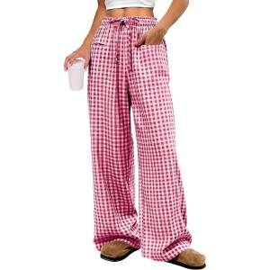 ANRABESS Womens Striped Gingham Pants 2025 Pajama Drawstring Wide Leg Lounge Plaid Pants Cute Casual Trousers with Pockets(Red White Plaid)