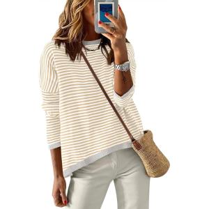 ANRABESS Womens Striped Sweaters Long Sleeve Top Crewneck Color Block Casual Loose Knitted Pullover Shirts 2025 Fall Outfits(Apricot White Grey)
