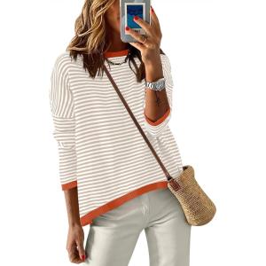 ANRABESS Womens Striped Sweaters Long Sleeve Top Crewneck Color Block Casual Loose Knitted Pullover Shirts 2025 Fall Outfits(Apricot White Orange)