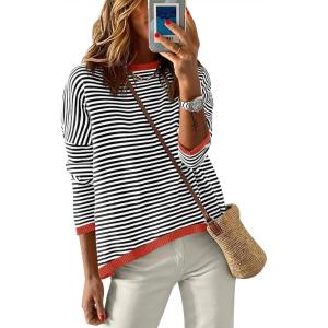 ANRABESS Womens Striped Sweaters Long Sleeve Top Crewneck Color Block Casual Loose Knitted Pullover Shirts 2025 Fall Outfits(Black White Orange)