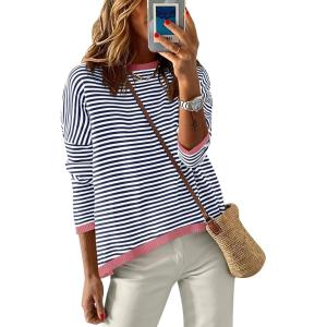 ANRABESS Womens Striped Sweaters Long Sleeve Top Crewneck Color Block Casual Loose Knitted Pullover Shirts 2025 Fall Outfits(Blue White Pink)