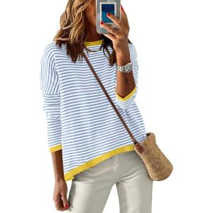 ANRABESS Womens Striped Sweaters Long Sleeve Top Crewneck Color Block Casual Loose Knitted Pullover Shirts 2025 Fall Outfits(Blue White Yellow)