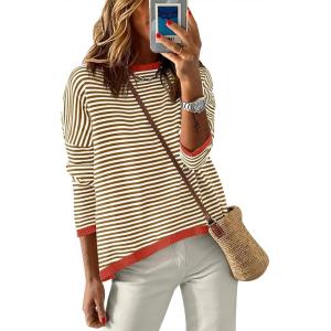 ANRABESS Womens Striped Sweaters Long Sleeve Top Crewneck Color Block Casual Loose Knitted Pullover Shirts 2025 Fall Outfits(Brown White Orange)