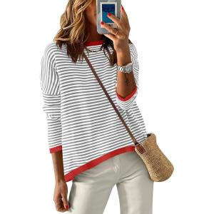 ANRABESS Womens Striped Sweaters Long Sleeve Top Crewneck Color Block Casual Loose Knitted Pullover Shirts 2025 Fall Outfits(Grey White Orange)