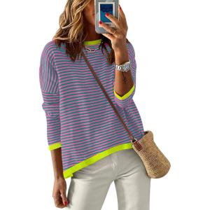 ANRABESS Womens Striped Sweaters Long Sleeve Top Crewneck Color Block Casual Loose Knitted Pullover Shirts 2025 Fall Outfits(Pink Green)
