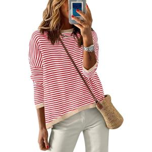 ANRABESS Womens Striped Sweaters Long Sleeve Top Crewneck Color Block Casual Loose Knitted Pullover Shirts 2025 Fall Outfits(Red White Apricot)