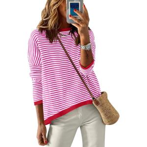 ANRABESS Womens Striped Sweaters Long Sleeve Top Crewneck Color Block Casual Loose Knitted Pullover Shirts 2025 Fall Outfits(Red White Pink)