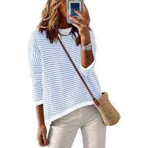 ANRABESS Womens Striped Sweaters Long Sleeve Top Crewneck Color Block Casual Loose Knitted Pullover Shirts 2025 Fall Outfits(White Blue)