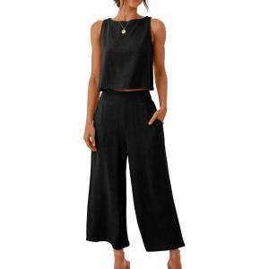 ANRABESS Women’s Summer 2 Piece Outfits Sleeveless Crop Top Capri Wide Leg Pants Jumpsuit Linen Lounge Beach Travel Sets(Black)