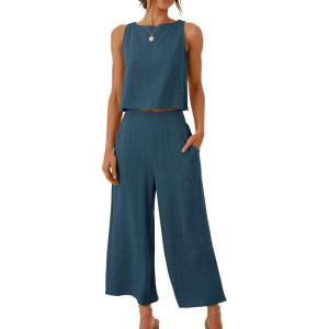 ANRABESS Women’s Summer 2 Piece Outfits Sleeveless Crop Top Capri Wide Leg Pants Jumpsuit Linen Lounge Beach Travel Sets(Deep Blue)
