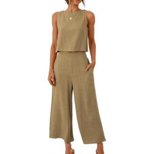 ANRABESS Women’s Summer 2 Piece Outfits Sleeveless Crop Top Capri Wide Leg Pants Jumpsuit Linen Lounge Beach Travel Sets(Khaki)