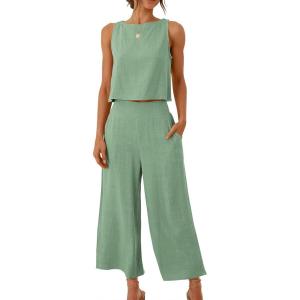 ANRABESS Women’s Summer 2 Piece Outfits Sleeveless Crop Top Capri Wide Leg Pants Jumpsuit Linen Lounge Beach Travel Sets(Light Green)