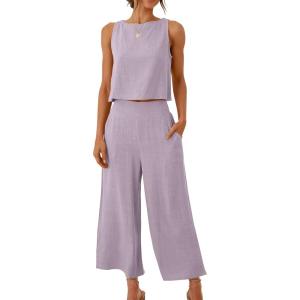 ANRABESS Women’s Summer 2 Piece Outfits Sleeveless Crop Top Capri Wide Leg Pants Jumpsuit Linen Lounge Beach Travel Sets(Purple)