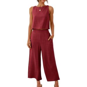 ANRABESS Women’s Summer 2 Piece Outfits Sleeveless Crop Top Capri Wide Leg Pants Jumpsuit Linen Lounge Beach Travel Sets(Wine Red)