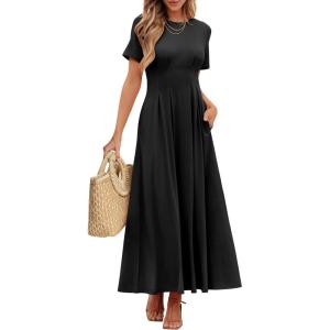ANRABESS Women’s Summer Casual Dress Short Sleeve Crewneck Pleated Waisted Swing Flowy 2025 A Line Beach Maxi Long Dresses(Black)