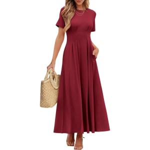 ANRABESS Women’s Summer Casual Dress Short Sleeve Crewneck Pleated Waisted Swing Flowy 2025 A Line Beach Maxi Long Dresses(Burgundy)