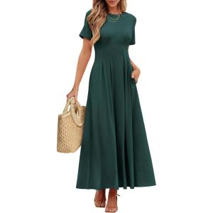 ANRABESS Women’s Summer Casual Dress Short Sleeve Crewneck Pleated Waisted Swing Flowy 2025 A Line Beach Maxi Long Dresses(Dark Green)