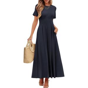 ANRABESS Women’s Summer Casual Dress Short Sleeve Crewneck Pleated Waisted Swing Flowy 2025 A Line Beach Maxi Long Dresses(Navy Blue)