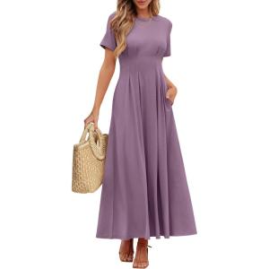 ANRABESS Women’s Summer Casual Dress Short Sleeve Crewneck Pleated Waisted Swing Flowy 2025 A Line Beach Maxi Long Dresses(Purple)