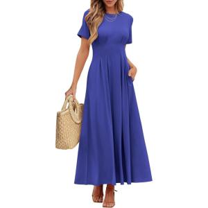 ANRABESS Women’s Summer Casual Dress Short Sleeve Crewneck Pleated Waisted Swing Flowy 2025 A Line Beach Maxi Long Dresses(Royal Blue)