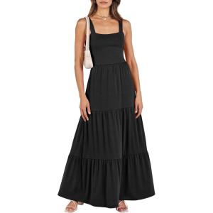 ANRABESS Women’s Summer Casual Long Maxi Beach Vacation Dresses Sleeveless Square Neck Flowy Tiered Sun Dress with Pockets(Black)