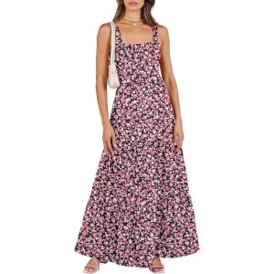 ANRABESS Women’s Summer Casual Long Maxi Beach Vacation Dresses Sleeveless Square Neck Flowy Tiered Sun Dress with Pockets(Black Pink Floral)