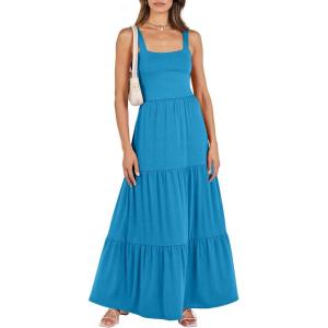 ANRABESS Women’s Summer Casual Long Maxi Beach Vacation Dresses Sleeveless Square Neck Flowy Tiered Sun Dress with Pockets(Blue)