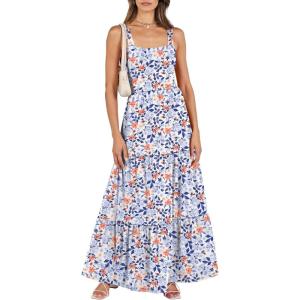 ANRABESS Women’s Summer Casual Long Maxi Beach Vacation Dresses Sleeveless Square Neck Flowy Tiered Sun Dress with Pockets(Blue Orange Floral)