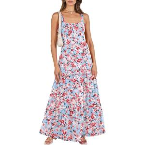 ANRABESS Women’s Summer Casual Long Maxi Beach Vacation Dresses Sleeveless Square Neck Flowy Tiered Sun Dress with Pockets(Blue Pink Floral)