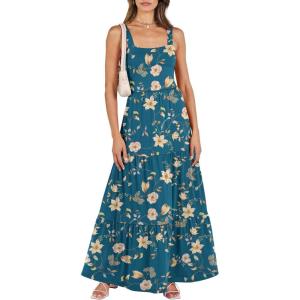ANRABESS Women’s Summer Casual Long Maxi Beach Vacation Dresses Sleeveless Square Neck Flowy Tiered Sun Dress with Pockets(Blue Yellow Floral)