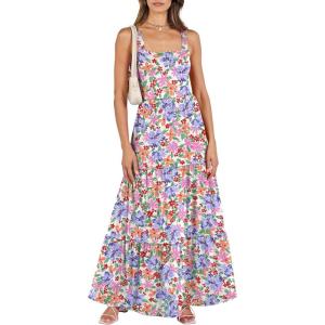 ANRABESS Women’s Summer Casual Long Maxi Beach Vacation Dresses Sleeveless Square Neck Flowy Tiered Sun Dress with Pockets(Crayon Multicolored Floral)