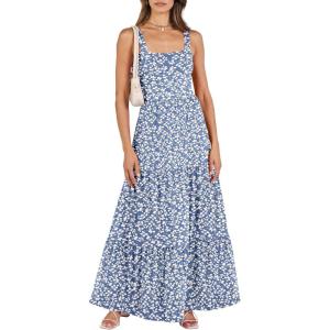 ANRABESS Women’s Summer Casual Long Maxi Beach Vacation Dresses Sleeveless Square Neck Flowy Tiered Sun Dress with Pockets(Floral Blue)