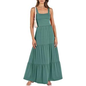 ANRABESS Women’s Summer Casual Long Maxi Beach Vacation Dresses Sleeveless Square Neck Flowy Tiered Sun Dress with Pockets(Grass)