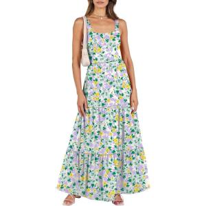 ANRABESS Women’s Summer Casual Long Maxi Beach Vacation Dresses Sleeveless Square Neck Flowy Tiered Sun Dress with Pockets(Green Purple Yellow Floral)