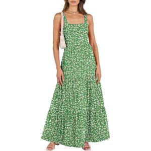 ANRABESS Women’s Summer Casual Long Maxi Beach Vacation Dresses Sleeveless Square Neck Flowy Tiered Sun Dress with Pockets(Green White Point)