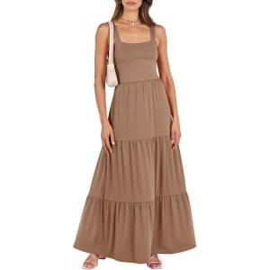 ANRABESS Women’s Summer Casual Long Maxi Beach Vacation Dresses Sleeveless Square Neck Flowy Tiered Sun Dress with Pockets(Khahi)