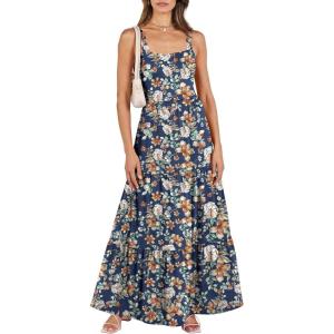 ANRABESS Women’s Summer Casual Long Maxi Beach Vacation Dresses Sleeveless Square Neck Flowy Tiered Sun Dress with Pockets(Navy Blue Orange Floral)