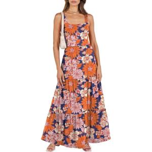 ANRABESS Women’s Summer Casual Long Maxi Beach Vacation Dresses Sleeveless Square Neck Flowy Tiered Sun Dress with Pockets(Navy Blue Pink Floral)