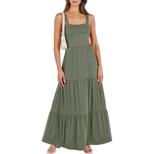ANRABESS Women’s Summer Casual Long Maxi Beach Vacation Dresses Sleeveless Square Neck Flowy Tiered Sun Dress with Pockets(Olive)