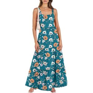 ANRABESS Women’s Summer Casual Long Maxi Beach Vacation Dresses Sleeveless Square Neck Flowy Tiered Sun Dress with Pockets(Orange White Floral)