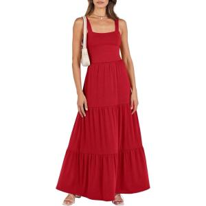 ANRABESS Women’s Summer Casual Long Maxi Beach Vacation Dresses Sleeveless Square Neck Flowy Tiered Sun Dress with Pockets(Red)