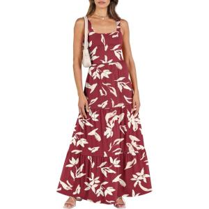 ANRABESS Women’s Summer Casual Long Maxi Beach Vacation Dresses Sleeveless Square Neck Flowy Tiered Sun Dress with Pockets(Red Yellow Floral)
