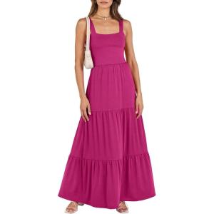 ANRABESS Women’s Summer Casual Long Maxi Beach Vacation Dresses Sleeveless Square Neck Flowy Tiered Sun Dress with Pockets(Rose Pink)