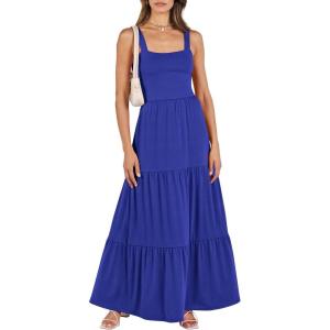 ANRABESS Women’s Summer Casual Long Maxi Beach Vacation Dresses Sleeveless Square Neck Flowy Tiered Sun Dress with Pockets(Royal Blue)