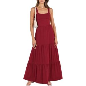 ANRABESS Women’s Summer Casual Long Maxi Beach Vacation Dresses Sleeveless Square Neck Flowy Tiered Sun Dress with Pockets(Wine Red)