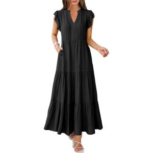 ANRABESS Womens Summer Casual Maxi Dress V Neck Ruffle Sleeve Long Dresses Fashion Flowy Tiered Boho Beach Vacation Sundress(Black)