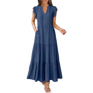 ANRABESS Womens Summer Casual Maxi Dress V Neck Ruffle Sleeve Long Dresses Fashion Flowy Tiered Boho Beach Vacation Sundress(Blue)
