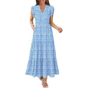 ANRABESS Womens Summer Casual Maxi Dress V Neck Ruffle Sleeve Long Dresses Fashion Flowy Tiered Boho Beach Vacation Sundress(Blue Floral)