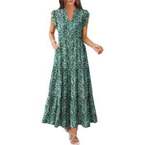 ANRABESS Womens Summer Casual Maxi Dress V Neck Ruffle Sleeve Long Dresses Fashion Flowy Tiered Boho Beach Vacation Sundress(Blue Green Floral)