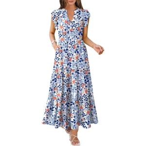 ANRABESS Womens Summer Casual Maxi Dress V Neck Ruffle Sleeve Long Dresses Fashion Flowy Tiered Boho Beach Vacation Sundress(Blue Orange Floral)